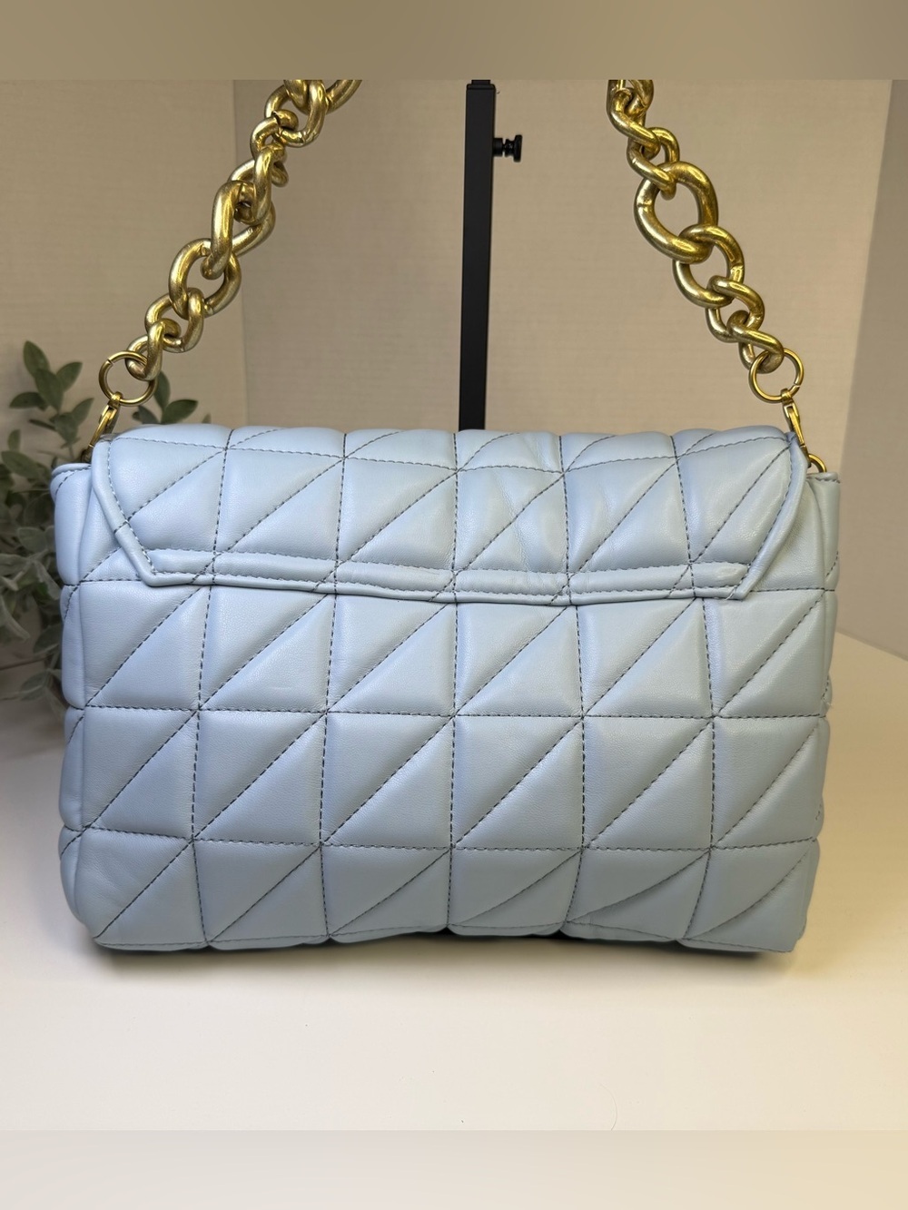 Zara Baby Blue & Gold Quilted Shoulder Bag Gold Chain Accent Strap - Picture 9 of 16